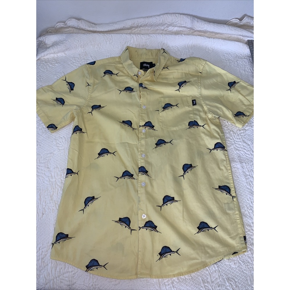 Stussy Marlins Hawaiian Button Up Shirt‎ Yellow Small Skate Fishing